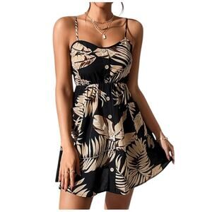 small petite mini Dress black and tan Tropical Print Button Front Cami Dress